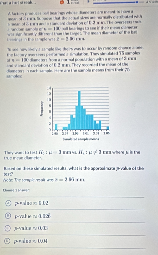 What a hot streak... 1 streak § /7 sbists
A factory produces ball bearings whose diameters are meant to have a
mean of 3 mm. Suppose that the actual sizes are normally distributed with
a mean of 3 mm and a standard deviation of 0.2 mm. The overseers took
a random sample of n=100 ball bearings to see if their mean diameter
was significantly different than the target. The mean diameter of the ball
bearings in the sample was overline x=2.96mm. 
To see how likely a sample like theirs was to occur by random chance alone,
the factory overseers performed a simulation. They simulated 75 samples
of n=100 diameters from a normal population with a mean of 3 mm
and standard deviation of 0,2 mm. They recorded the mean of the
diameters in each sample. Here are the sample means from their 75
samples:
They want to test H_0:mu =3mmvs. H_a:mu != 3 n nm where μ is the
true mean diameter.
Based on these simulated results, what is the approximate p -value of the
test?
Note: The sample result was overline x=2.96mm. 
Choose 1 answer:
A p-val lue approx 0.02
p-valu approx 0.02overline 6
p- value approx 0.03
D p -value approx 0.04