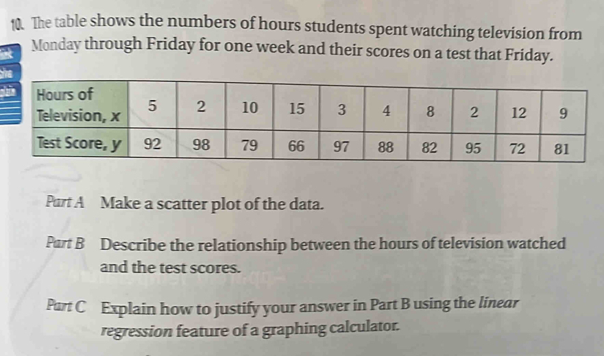 The table shows the numbers of hours students spent watching television from 
Monday through Friday for one week and their scores on a test that Friday. 
Purt A Make a scatter plot of the data. 
Part B Describe the relationship between the hours of television watched 
and the test scores. 
Part C Explain how to justify your answer in Part B using the linear 
regression feature of a graphing calculator.