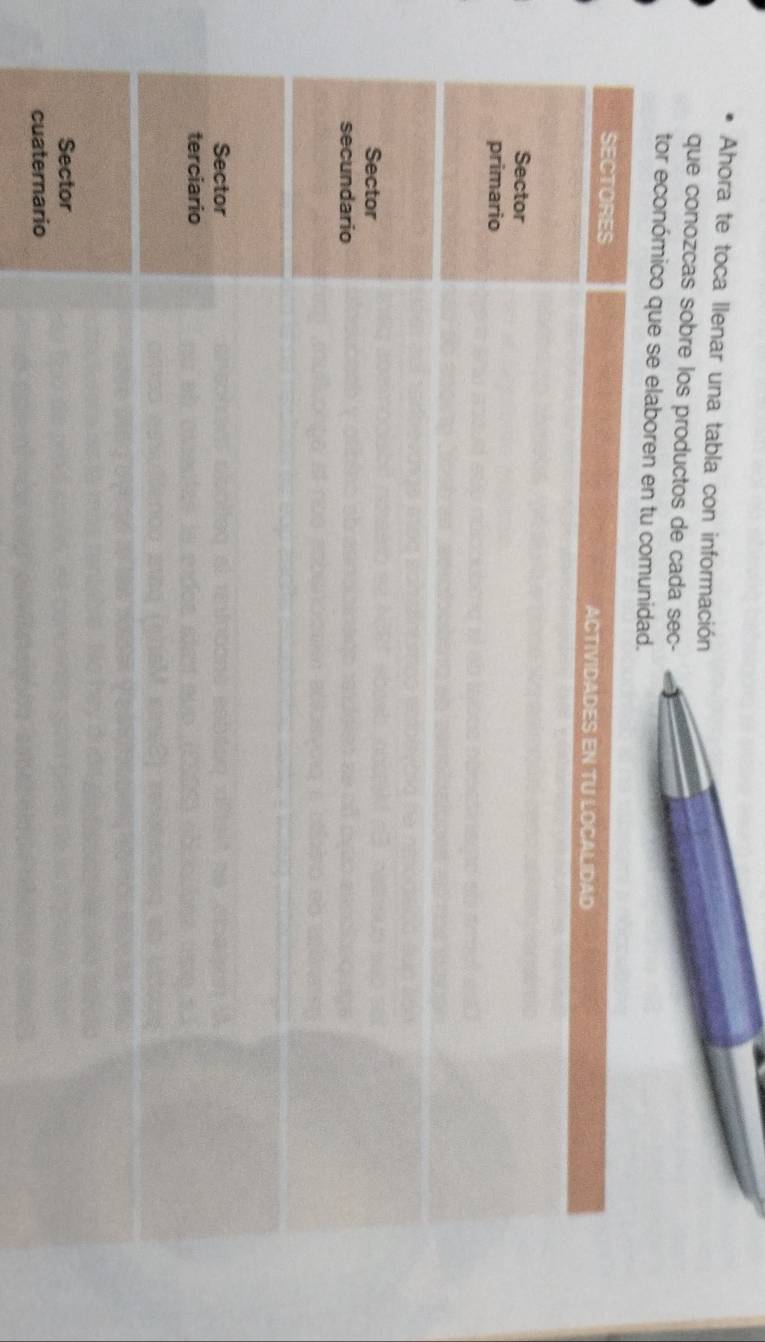 Ahora te toca llenar una tabla con información 
que conozcas sobre los productos de cada sec- 
tor económico q