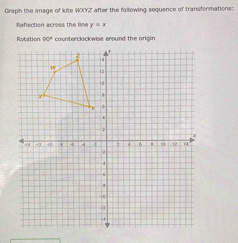 Graph the image of kite WXYZ after the following sequence of transformations: 
Reflection across the line y=x
Rotation 90°