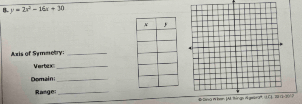 y=2x^2-16x+30
Axis of Symmetry:_ 
Vertex:_ 
Domain:_ 
Range:_ 
@ Gina Wilson (Al017