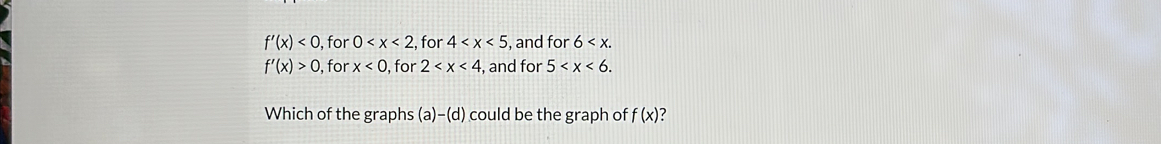 f'(x)<0</tex> , for 0 , for 4 , and for 6 .
f'(x)>0, , for x<0</tex> , for 2 , and for 5 . 
Which of the graphs (a)-(d) could be the graph of f(x) ?