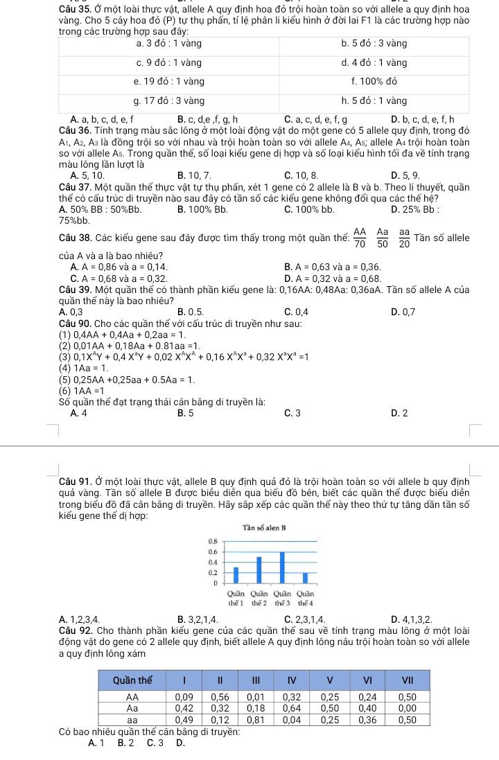 Ở một loài thực vật, allele A quy định hoa đỏ trội hoàn toàn so với allele a quy định hoa
vàng. Cho 5 cây hoa đó (P) tự thụ phấn, tí lệ phân li kiểu hình ở đời lai F1 là các trường hợp nào
A. a, b, c, d, e, f B. c, d,e ,f, g, h C. a, c, d, e, f, g D. b, c, d, e, f, h
Câu 36. Tính trạng màu sắc lông ở một loài động vật do một gene có 5 allele quy định, trong đó
A_1,A_2,A_3 là đồng trội so với nhau và trội hoàn toàn so với allele A₄, As; allele A₄ trội hoàn toàn
so với allele As. Trong quần thể, số loại kiểu gene dị hợp và số loại kiểu hình tối đa về tính trạng
màu lông lần lượt là
A. 5. 10. B. 10, 7. C. 10, 8. D. 5, 9.
Câu 37. Một quần thể thực vật tự thụ phấn, xét 1 gene có 2 allele là B và b. Theo lí thuyết, quần
thể có cấu trúc di truyền nào sau đây có tần số các kiểu gene không đối qua các thế hệ?
A. 50% BB:50% Bb. B. 100% Bb. C. 100% bb. D. 25% Bb :
75%bb.
Câu 38. Các kiểu gene sau đây được tìm thấy trong một quần thể:  AA/70   Aa/50   aa/20  Tần số allele
của A và a là bao nhiêu?
A. A=0,86 và a=0,14. B. A=0,63 và a=0,36.
C. A=0,68 và a=0,32. D. A=0,32 và a=0,68.
Câu 39. Một quần thể có thành phần kiểu gene là: 0,16AA: 0,48Aa: 0,36aA. Tần số allele A của
quần thể này là bao nhiêu?
A. 0,3 B. 0.5. C. 0,4 D. 0,7
Câu 90. Cho các quần thể với cấu trúc di truyền như sau:
(1) 0,4AA+0,4Aa+0,2aa=1.
(2) 0.01AA+0.18Aa+0.81aa=1.
(3) 0,1X^(wedge)Y+0,4X^aY+0,02X^AX^A+0,16X^AX^a+0,32X^aX^a=1
(4) 1Aa=1.
(5) 0,25AA+0,25aa+0.5Aa=1.
(6) 1AA=1
*Số quần thể đạt trạng thái cân bằng di truyền là:
A. 4 B. 5 C. 3 D. 2
Câu 91. Ở một loài thực vật, allele B quy định quả đỏ là trội hoàn toàn so với allele b quy định
quá vàng. Tần số allele B được biểu diễn qua biểu đồ bên, biết các quần thể được biểu diễn
trong biểu đồ đã cân bằng di truyền. Hãy sắp xếp các quần thể này theo thứ tự tăng dần tần số
kiểu gene thể dị hợp:
A. 1,2,3,4. B. 3,2,1,4. C. 2,3,1,4. D. 4,1,3,2.
Câu 92. Cho thành phần kiểu gene của các quần thể sau về tính trạng màu lông ở một loài
động vật do gene có 2 allele quy định, biết allele A quy định lông nâu trội hoàn toàn so với allele
a quy định lông xám
Có bao nhiêu quần thể cân bằng di truyền:
A. 1 B. 2 C. 3 D.