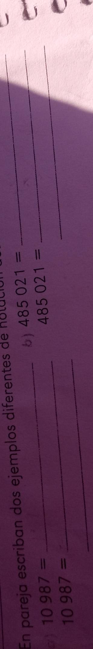 En pareja escriban dos ejemplos diferentes de nolu_ 
b) 485021= _ 
a) 10987= _ 
_
485021= _ 
_ 10987=