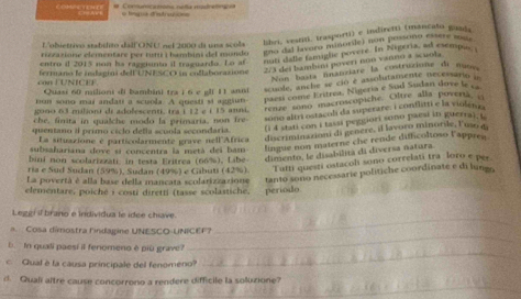 Conunications nella madretinga
L'obiettivo stabilito dall ONU nel 2000 da una scola libr, vestiti, trasporti) e indiretti (mancalo guada
riezasione elementare per tum i hambini del mondo tno did lwaro mnorde) non possono manre roue .
2/3 dei bambini poveri noo vanno a scuola
entro il 2015 non ha raggisnto il traguardo. Lo af
con lUNICEF. fermano le indagina dell UNESCO un collaborasione noti datle famigle povere. In Nigeria, ad esempus 
Non basts fnanziare la costruzione di nuses
Quasi 60 milioni di bambini tra i 6 c gli 11 anni scuole, anche se ció é assolutamente necersaio n
hun sono mai andati a scuola. A questi si aggiun paeri come Eritrea. Nigeria e Sud Sudan dove le ca
gono 63 milioni di adolescenti, trá i 12 e é 15 anni. renze sono macroscopiche. Oltre alla poverta. o
che, finita in qualche modo la primaria, non fre- iono altri ostacoli da superare: i conflitti e la violenza
quentano àl primo ciclo defla scuola secondaria. (i 4 stati con i tassi peggiori sono paeai in guerra). i
La situazione è particolarmente grave nell'Africa discrimination di genere, il lavoro minorile, F uso d
subsahariana dove sí concentra la metá dei bam lingue non materne che rende difficoltoso Vapprea
bini non scolarizzäti in testa Eritrea (66%), Libe dimento, le disabilità di diversa natura.
ria e Sud Sudan (59%), Sudan (49%) e Gabuti (42%). Tutti questi ostacol sono correlati tra loro e per
La povertà é alla base della mancata scolarizzazione tanto sono necessarie politiche coordinate e di lungs
elementare, poiché i costi diretti (tasse scolastiche, periodo
Leggi il brano e individua le ídee chiave
_
Cosa dimostra lindapine UNESCO-UNICEF?
_
b.  In quali paesi il fenomeno è più grave ?
c Qual è la causa principale del fenomeno?
_
_
d. Quali altre cause concorrono a rendere difficile la soluxione?