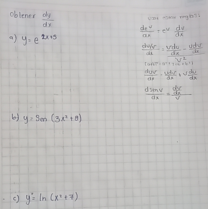 Resuelto:oblener dy/dx usar estar reglas: de^v/dx =e^v dv/dx a) y=e^(2x ...