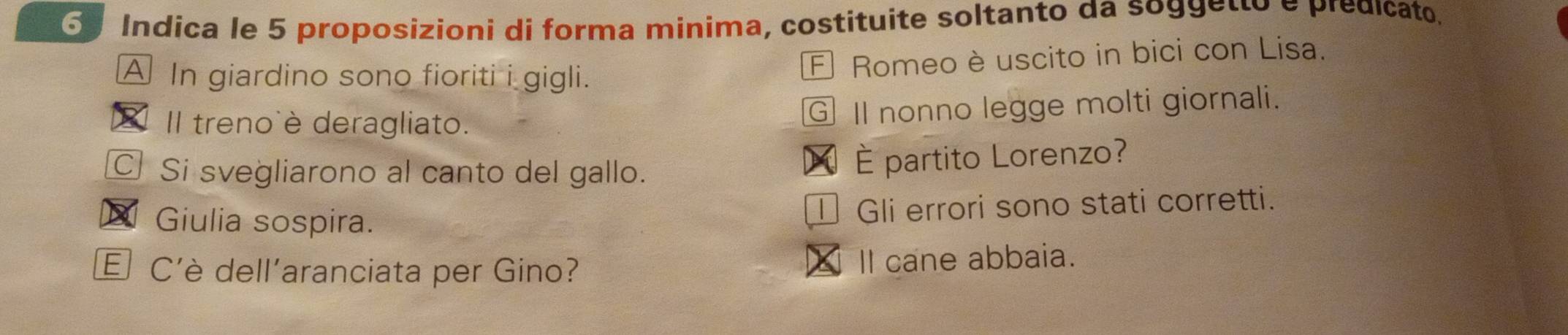 Indica le 5 proposizioni di forma minima, costituite soltanto da soggetto e predicato.
A In giardino sono fioriti i gigli.
E Romeo è uscito in bici con Lisa.
X Il treno'è deragliato.
G Il nonno legge molti giornali.
C Si svegliarono al canto del gallo. X É partito Lorenzo?
X Giulia sospira.
T Gli errori sono stati corretti.
E C'è dell'aranciata per Gino? Il cane abbaia.