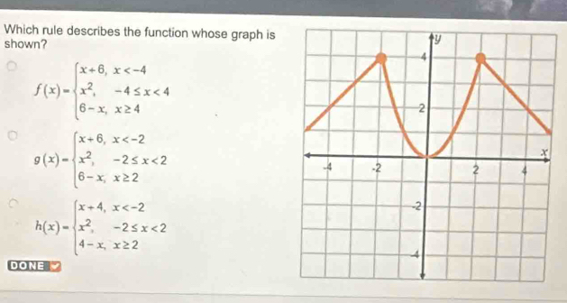 Which rule describes the function whose graph is
shown?
f(x)=beginarrayl x+6,x <4 6-x,x≥ 4endarray.
g(x)=beginarrayl x+6,x <2 6-x,x≥ 2endarray.
h(x)=beginarrayl x+4,x <2 4-x,x≥ 2endarray.
DONE