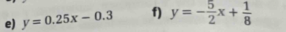 y=0.25x-0.3 f) y=- 5/2 x+ 1/8 