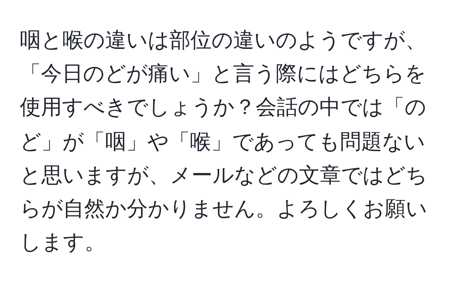 咽と喉の違いは部位の違いのようですが、「今日のどが痛い」と言う際にはどちらを使用すべきでしょうか？会話の中では「のど」が「咽」や「喉」であっても問題ないと思いますが、メールなどの文章ではどちらが自然か分かりません。よろしくお願いします。