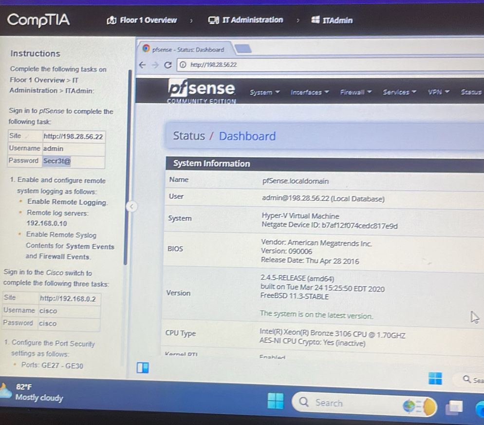 Solved: CompTIA Floor 1 Overview IT Administration ITAdmin Instructions  pfsense - Status: Dashboa [Others]