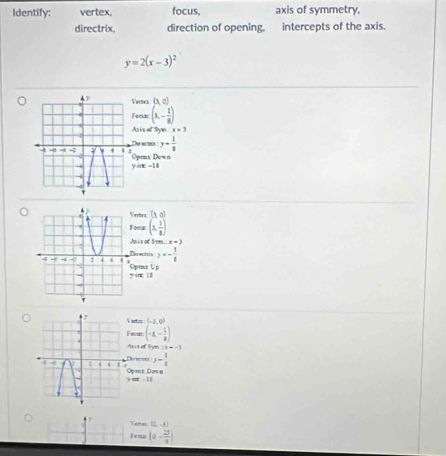 Identify: vertex, focus, axis of symmetry, 
directrix, direction of opening, intercepts of the axis.
y=2(x-3)^2
Vertea (3,0)
Focus (3,- 1/8 )
Atís of Sym x=3
Dir ectmx : y- 1/5 
Openx Down
y=-18
ertes (3,0)
ocur (3, 1/8 )
Axisof S m:x=3
u ectna
y=- 1/8 
Openx Up 
in 18
Vortes : (-3,0)
Fecus: (-1,- 1/8 )
Asis of Sym n:x=-3
Derecex - 1/8 
Openz Down 
y u x-1
Vete (0,-3)
Fenz (a- 25/8 )