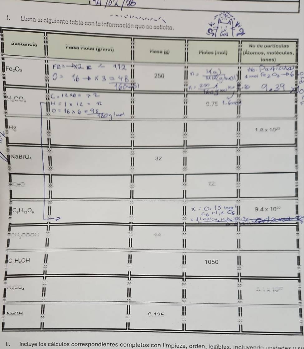 Sulas,
"
Fe_2O_3
a
H_2CO_3

Hg
Na
6
C₃H
I. Incluye los cálculos correspondientes completos con limpieza, orden, legibles, incluyendo unida