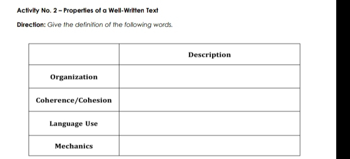 Activity No. 2 -Properties of a Well-Written Text 
Direction: Give the definition of the following words.