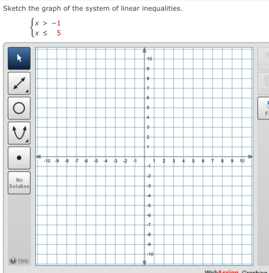 Sketch the graph of the system of linear inequalities.
beginarrayl x>-1 x≤ 5endarray.
Cl 
F 
No 
Solutio 
0 Help