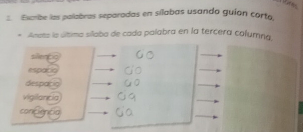 Escrbe las palabras separadas en sílabas usando guion corto,
Anata la última sílaba de cada palabra en la tercera columna.
sillenbo
espacio
despacio
vigilancia
conciencia