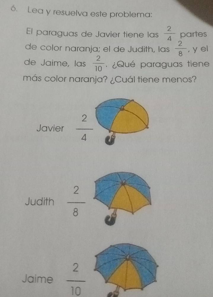 Lea y resuelva este problema:
El paraguas de Javier tiene las  2/4  partes
de color naranja; el de Judith, las  2/8  , y el
de Jaime, las  2/10  ¿Qué paraguas tiene
más color naranja? ¿Cuál tiene menos?
Javier  2/4 
2
Judith  2/8 
Jaime  2/10 