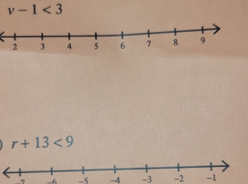 v-1<3</tex>
r+13<9</tex>
7
-5 -4 -3 -2