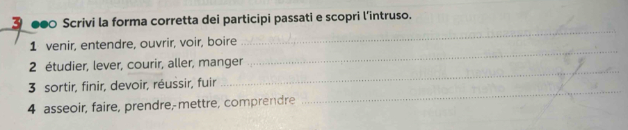 3 ●●0 Scrivi la forma corretta dei participi passati e scopri l’intruso. 
_ 
1 venir, entendre, ouvrir, voir, boire 
_ 
2 étudier, lever, courir, aller, manger 
3 sortir, finir, devoir, réussir, fuir 
_ 
4 asseoir, faire, prendre,-mettre, comprendre 
_