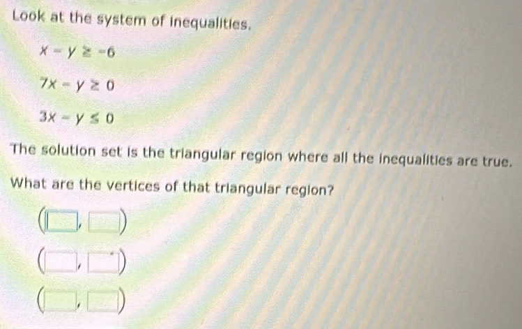 Look at the system of inequalities.
x-y≥ -6
7x-y≥ 0
3x-y≤ 0
The solution set is the triangular region where all the inequalities are true.
What are the vertices of that triangular region?
(□ ,□ )
(□ ,□ )
(□ ,□ )