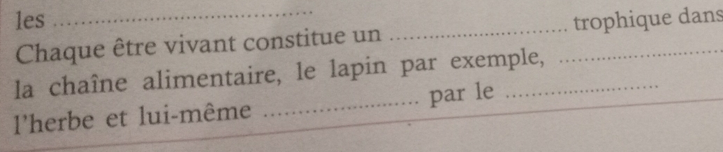 les __trophique dans 
Chaque être vivant constitue un 
la chaîne alimentaire, le lapin par exemple, 
_ 
l'herbe et lui-même _par le_