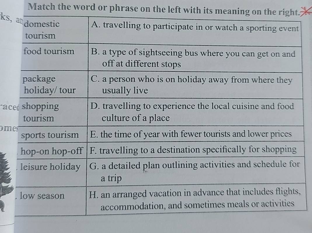 Match the word or phrase on the left with its meaning 
ks, 
rac 
om