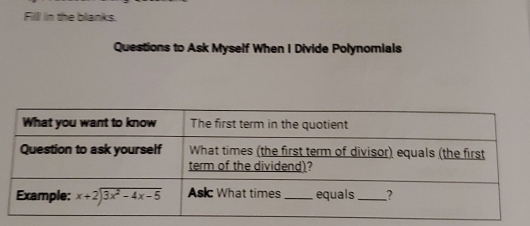 Filll in the blanks.
Questions to Ask Myself When I Divide Polynomials