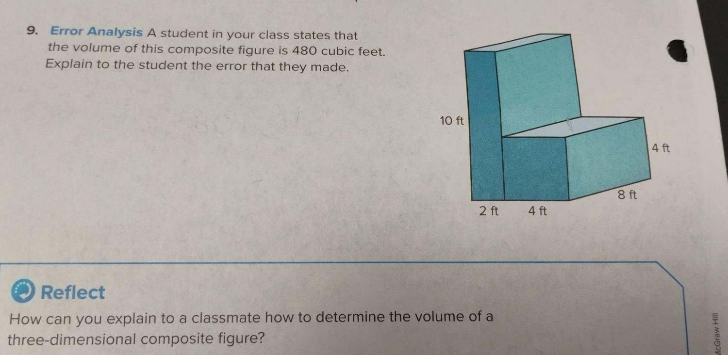 Error Analysis A student in your class states that 
the volume of this composite figure is 480 cubic feet. 
Explain to the student the error that they made. 
a Reflect 
How can you explain to a classmate how to determine the volume of a 
three-dimensional composite figure?