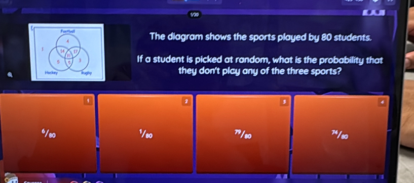 1/20
【a
t Pootival
4
The diagram shows the sports played by 80 students.
1 14 17
a
5 a 3
If a student is picked at random, what is the probability that
Hockey Rrugly they don't play any of the three sports?
1
2
,
4
6/eo 1/eo 79/ 80 74 / ∞0