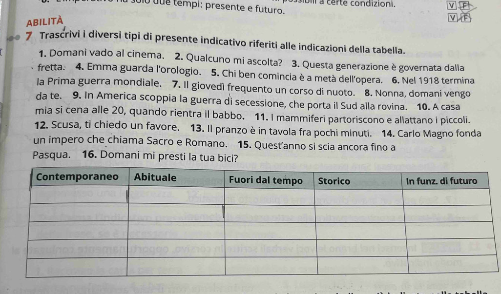 ibili a certe condizioni. 
2010 fue tempi: presente e futuro. 
ABILITÀ 
7 Trascrivi i diversi tipi di presente indicativo riferiti alle indicazioni della tabella. 
1. Domani vado al cinema. 2. Qualcuno mi ascolta? 3. Questa generazione è governata dalla 
fretta. 4. Emma guarda l'orologio. 5. Chi ben comincia è a metà dellopera. 6. Nel 1918 termina 
la Prima guerra mondiale. 7. Il giovedì frequento un corso di nuoto. 8. Nonna, domani vengo 
da te. 9. In America scoppia la guerra di secessione, che porta il Sud alla rovina. 10. A casa 
mia si cena alle 20, quando rientra il babbo. 11. I mammiferi partoriscono e allattano i piccoli. 
12. Scusa, ti chiedo un favore. 13. Il pranzo è in tavola fra pochi minuti. 14. Carlo Magno fonda 
un impero che chiama Sacro e Romano. 15. Quest’anno si scia ancora fino a 
Pasqua. 16. Domani mi presti la tua bici?