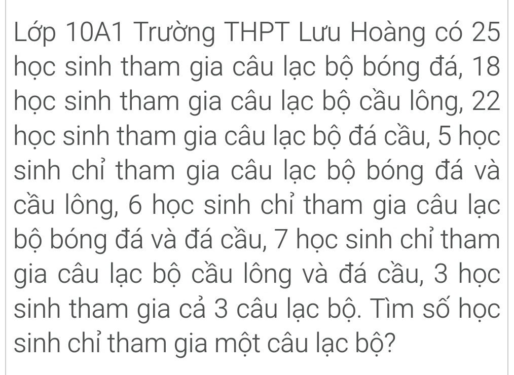 Lớp 10A1 Trường THPT Lưu Hoàng có 25
học sinh tham gia câu lạc bộ bóng đá, 18
học sinh tham gia câu lạc bộ cầu lông, 22
học sinh tham gia câu lạc bộ đá cầu, 5 học 
sinh chỉ tham gia câu lạc bộ bóng đá và 
cầu lông, 6 học sinh chỉ tham gia câu lạc 
bộ bóng đá và đá cầu, 7 học sinh chỉ tham 
gia câu lạc bộ cầu lông và đá cầu, 3 học 
sinh tham gia cả 3 câu lạc bộ. Tìm số học 
sinh chỉ tham gia một câu lạc bộ?