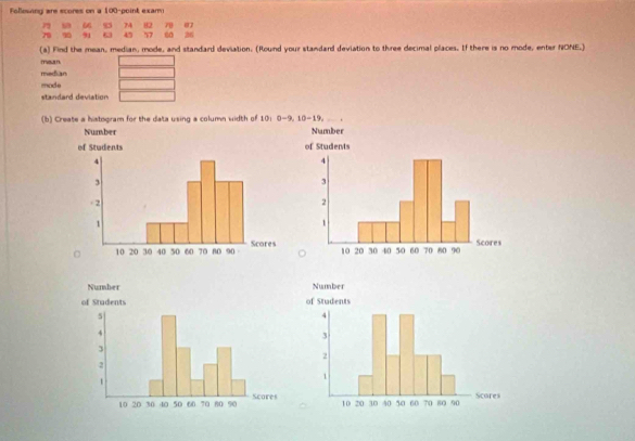 Follewing are scores on a 100 -point exarm
7 66 9 74
70 90 91 6 4 57 60 26 82 78 07
(a) Find the mean, median, mode, and standard deviation. (Round your standard deviation to three decimal places. If there is no mode, enter NONE.) 
mour 
median 
mode 
standard devlation 
(b) Create a histogram for the data using a column width of 101 0-9, 10-19, .