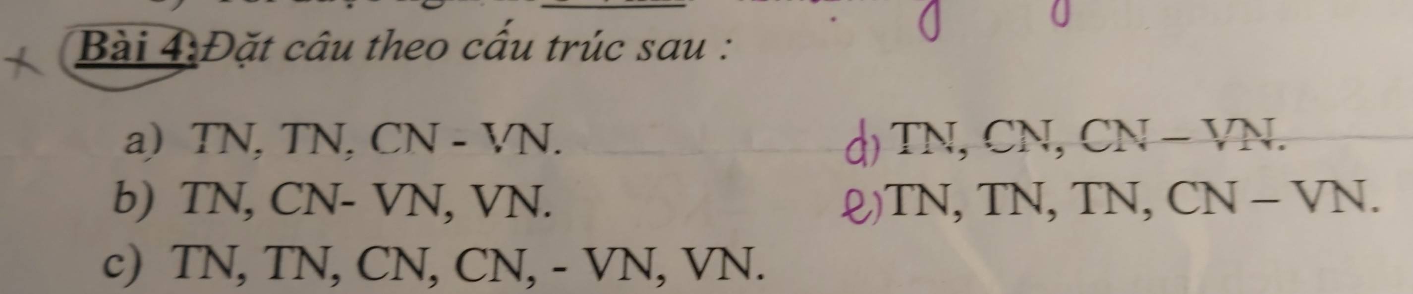 Đặt câu theo cầu trúc sau :
a) TN, TN, CN - VN. d) TN, CN, CN - VN.
b) TN, CN- VN, VN. () TN, TN, TN, CN - VN.
c) TN, TN, CN, CN, - VN, VN.