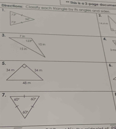 This is a 2-page documer
Directions: Classify each triangle by its angles and sides.
1.
3.
4.
3 m
6.
7.

overline DE