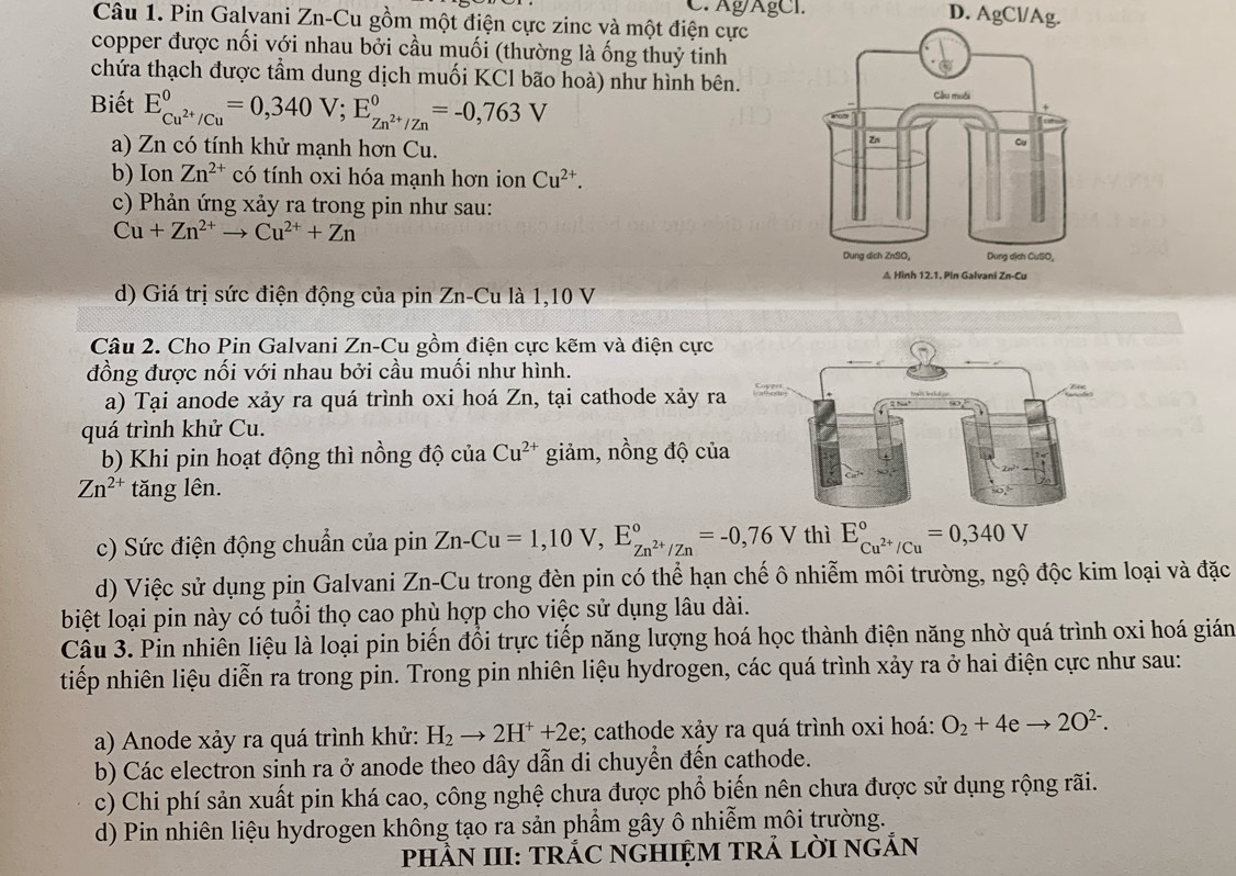 Ag/AgCl. D. AgCl/Ag.
Câu 1. Pin Galvani Zn-Cu gồm một điện cực zinc và một điện cực
copper được nối với nhau bởi cầu muối (thường là ống thuỷ tinh
chứa thạch được tầm dung dịch muối KCl bão hoà) như hình bên.
Biết E_Cu^(2+)/Cu^0=0,340V;E_Zn^(2+)/Zn^0=-0,763V
a) Zn có tính khử mạnh hơn Cu.
b) Ion Zn^(2+) có tính oxi hóa mạnh hơn ion Cu^(2+).
c) Phản ứng xảy ra trong pin như sau:
Cu+Zn^(2+)to Cu^(2+)+Zn
d) Giá trị sức điện động của pin Zn-Cu là 1,10 V
Câu 2. Cho Pin Galvani Zn-Cu gồm điện cực kẽm và điện cực
đồng được nối với nhau bởi cầu muối như hình.
a) Tại anode xảy ra quá trình oxi hoá Zn, tại cathode xảy ra
quá trình khử Cu.
b) Khi pin hoạt động thì nồng độ của Cu^(2+) giảm, nồng độ của
Zn^(2+) tăng lên.
c) Sức điện động chuẩn của pin Zn-Cu=1,10V,E_Zn^(2+)/Zn^circ =-0,76V thì E_Cu^(2+)/Cu^circ =0,340V
d) Việc sử dụng pin Galvani Zn-Cu trong đèn pin có thể hạn chế ô nhiễm môi trường, ngộ độc kim loại và đặc
biệt loại pin này có tuổi thọ cao phù hợp cho việc sử dụng lâu dài.
Câu 3. Pin nhiên liệu là loại pin biến đổi trực tiếp năng lượng hoá học thành điện năng nhờ quá trình oxi hoá gián
tiếp nhiên liệu diễn ra trong pin. Trong pin nhiên liệu hydrogen, các quá trình xảy ra ở hai điện cực như sau:
a) Anode xảy ra quá trình khử: H_2to 2H^++2e; cathode xảy ra quá trình oxi hoá: O_2+4eto 2O^(2-).
b) Các electron sinh ra ở anode theo dây dẫn di chuyển đến cathode.
c) Chi phí sản xuất pin khá cao, công nghệ chưa được phổ biến nên chưa được sử dụng rộng rãi.
d) Pin nhiên liệu hydrogen không tạo ra sản phầm gây ô nhiễm môi trường.
PHÂN III: TRÁC NGHIỆM TRẢ LỜI NGẢN