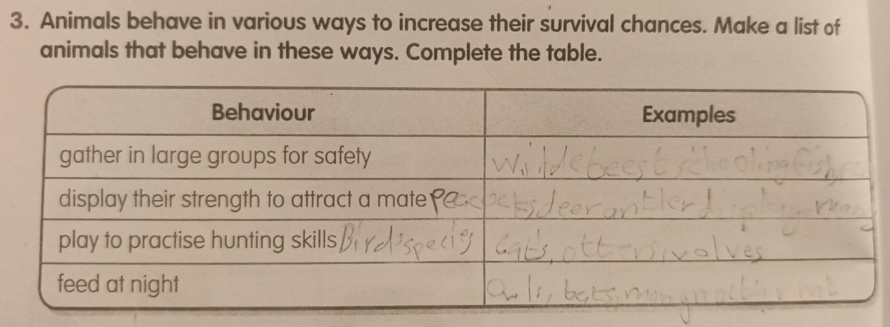 Animals behave in various ways to increase their survival chances. Make a list of 
animals that behave in these ways. Complete the table.