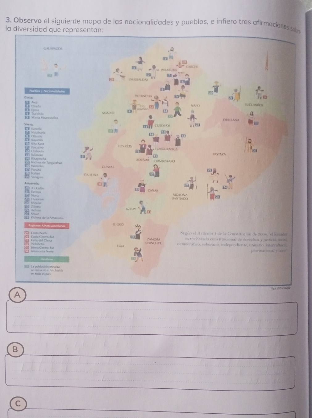 Observo el siguiente mapa de las nacionalidades y pueblos, e infiero tres afirmacionee
la 
A
B
C