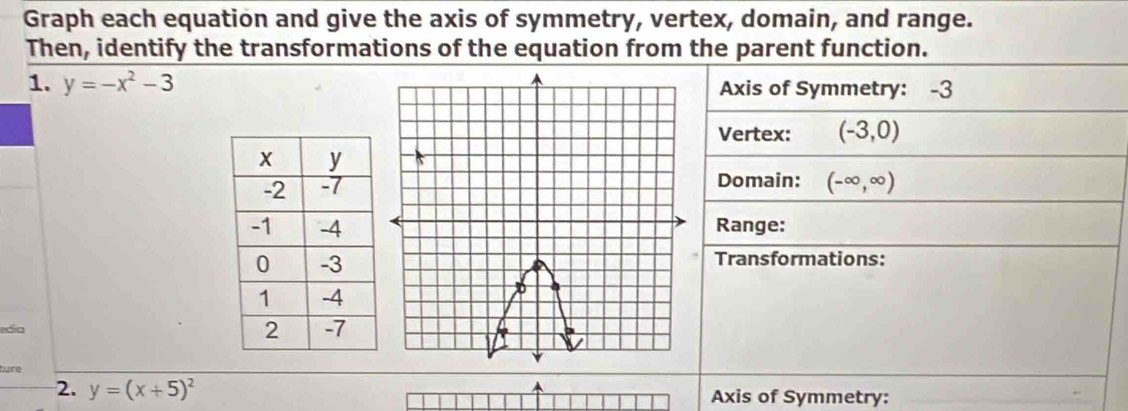 Graph each equation and give the axis of symmetry, vertex, domain, and range.
Then, identify the transformations of the equation from the parent function.
1. y=-x^2-3

edia 
ture
2. y=(x+5)^2 Axis of Symmetry: