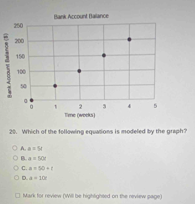 Which of the following equations is modeled by the graph?
A. a=5t
B. a=50t
C. a=50+t
D. a=10t
Mark for review (Will be highlighted on the review page)