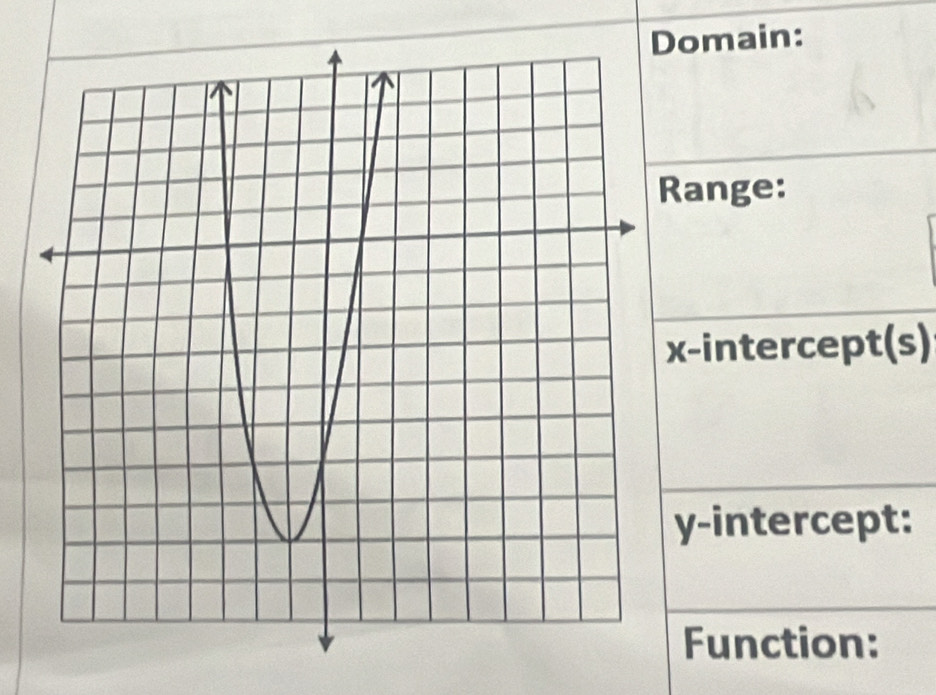 omain: 
Range: 
x-intercept(s) 
y-intercept: 
Function: