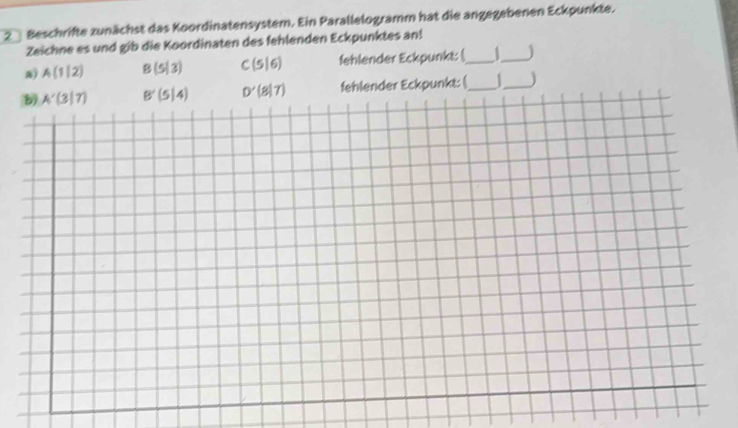 Beschrifte zunächst das Koordinatensystem. Ein Parallelogramm hat die angegebenen Eckpunkte.
Zeichne es und gib die Koordinaten des fehlenden Eckpunktes an!
a) A(1|2) B(5|3) C(5|6) fehlender Eckpunkt: (_ _)
ender Eckpunkt: (_  1 _