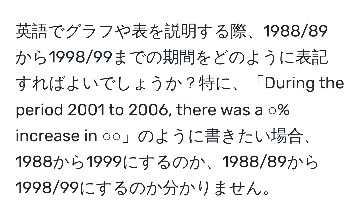 英語でグラフや表を説明する際、1988/89から1998/99までの期間をどのように表記すればよいでしょうか？特に、「During the period 2001 to 2006, there was a ○% increase in ○○」のように書きたい場合、1988から1999にするのか、1988/89から1998/99にするのか分かりません。