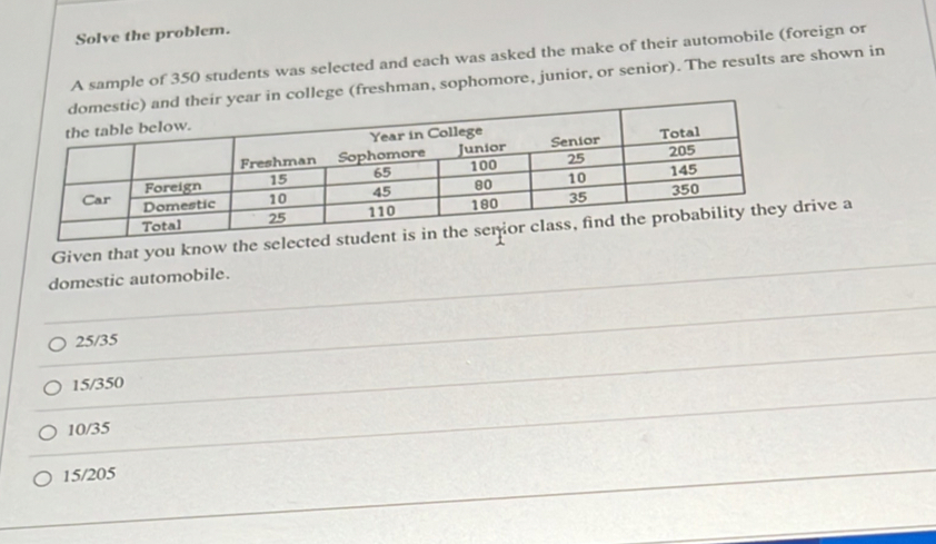 Solve the problem.
A sample of 350 students was selected and each was asked the make of their automobile (foreign or
year in college (freshman, sophomore, junior, or senior). The results are shown in
Given that you know the selected student is in therive a
domestic automobile.
25/35
15/350
10/35
15/205