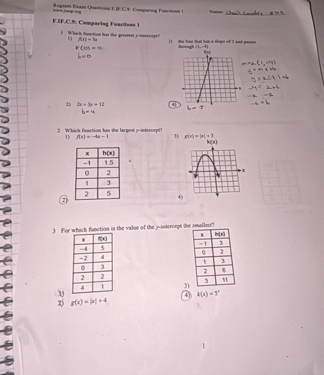 Regents Exam Questions F.IF.C.9: Comparing Functions l
www.jmap.org Name
F.IF.C9: Comparing Functions 1
Which function has the greatest y~intercept?
1 f(x)=3x
3) the line that has a slope of 2 and passes
through (1,-4)
2) 2x+3y=12 4
2 Which function has the largest y-intercept?
1) f(x)=-4x-1 3) g(x)=|x|+3
②
4)
3 For which function is the value of the y-intercept the smallest?
 
3)
4) k(x)=5^x
g(x)=|x|+4