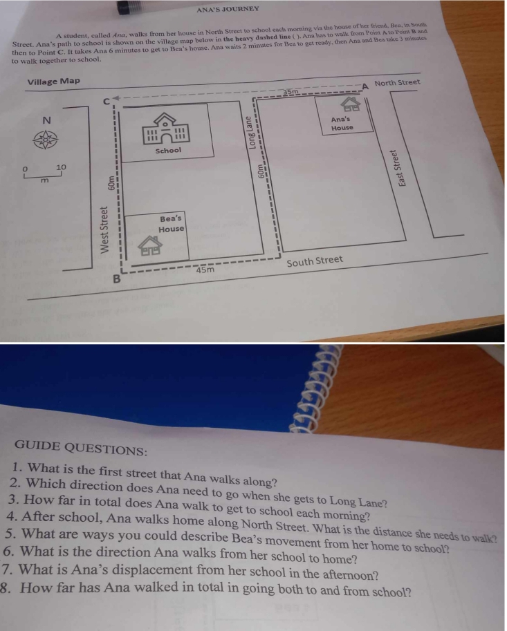 ANA'S JOURNEY 
A student, called Ana, walks from her house in North Street to school each morning via the house of her friend, Bea, in South 
Street. Ana's path to school is shown on the village map below in the heavy dashed line ( ). Ana has to walk from Point A to Point B and 
then to Point C. It takes Ana 6 minutes to get to Bea’s house. Ana waits 2 minutes for Bea to get ready, then Ana and Bea take 3 minutes
to walk together to school. 
Village Map 
A North Street
35m
N 
Ana's 
House 
0 10
m
South Street 
GUIDE QUESTIONS: 
1. What is the first street that Ana walks along? 
2. Which direction does Ana need to go when she gets to Long Lane? 
3. How far in total does Ana walk to get to school each morning? 
4. After school, Ana walks home along North Street. What is the distance she needs to walk? 
5. What are ways you could describe Bea’s movement from her home to school? 
6. What is the direction Ana walks from her school to home? 
7. What is Ana’s displacement from her school in the afternoon? 
8. How far has Ana walked in total in going both to and from school?