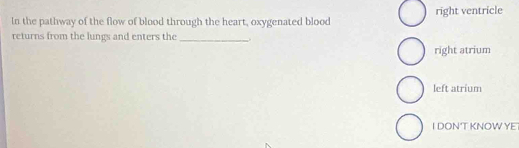 In the pathway of the flow of blood through the heart, oxygenated blood right ventricle
returns from the lungs and enters the_
right atrium
left atrium
IDON'T KNOW YE