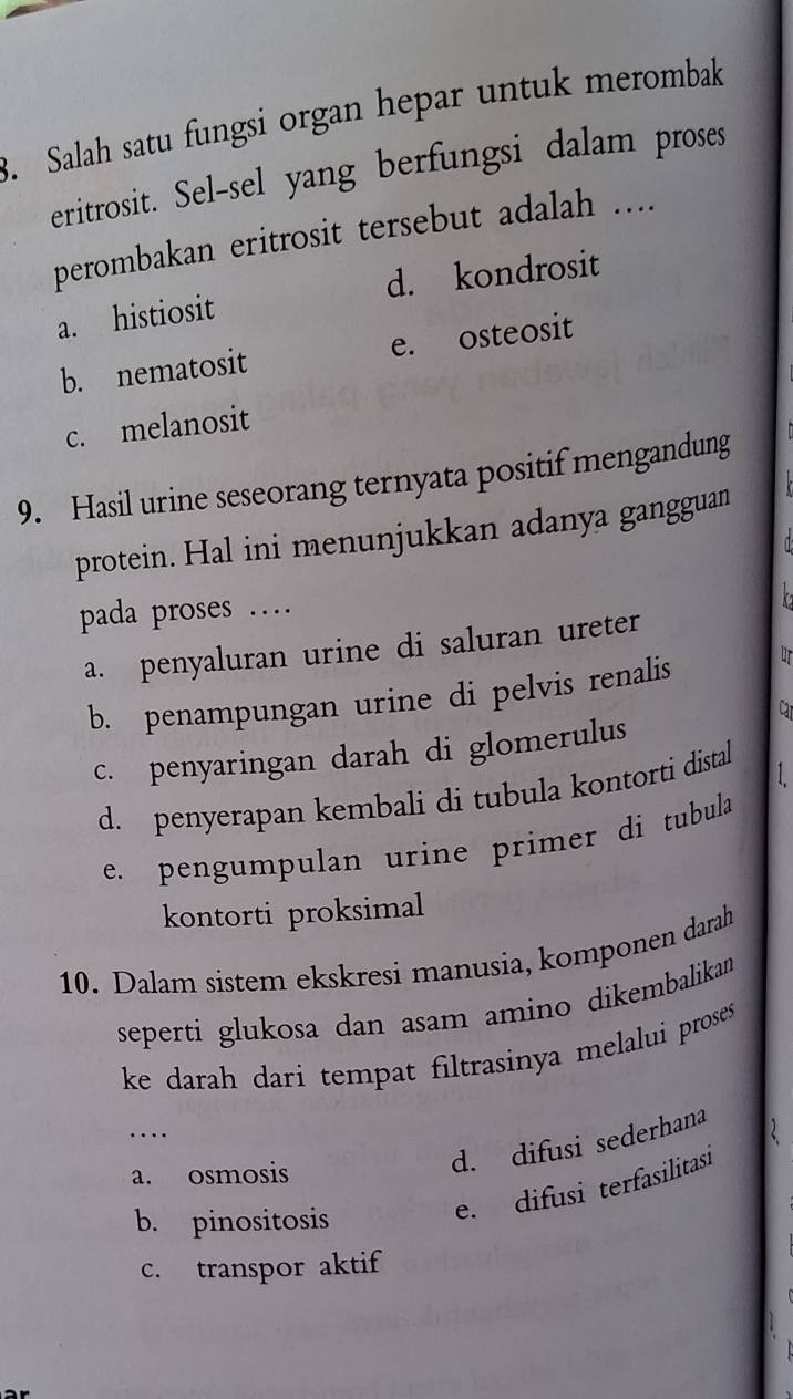 Salah satu fungsi organ hepar untuk merombak
eritrosit. Sel-sel yang berfungsi dalam proses
perombakan eritrosit tersebut adalah ....
a. histiosit d. kondrosit
b. nematosit e. osteosit
c. melanosit
9. Hasil urine seseorang ternyata positif mengandung
protein. Hal ini menunjukkan adanya gangguan
pada proses …
a. penyaluran urine di saluran ureter
b. penampungan urine di pelvis renalis
c. penyaringan darah di glomerulus
d. penyerapan kembali di tubula kontorti distal
e. pengumpulan urine primer di tubula
kontorti proksimal
10. Dalam sistem ekskresi manusia, komponen darah
seperti glukosa dan asam amino dikembalikam
ke darah dari tempat filtrasinya melalui proses.
…
a. osmosis
d. difusi sederhana
b. pinositosis
e. difusi terfasilitasi
c. transpor aktif