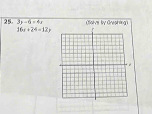 3y-6=4x (Solve by Graphing)
16x+24=12y