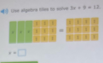 Use allgebra tilles to solve 3x+9=12. 

=

x=□