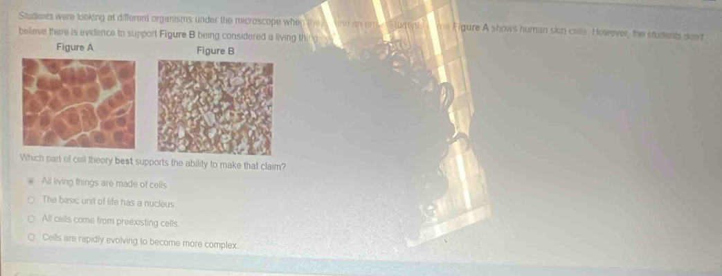 Students were looking at different organisms under the microscope when the And an om n Figure A shows human skon cals. However, the students don't
believe there is evidence to support Figure B being considered a living thin g 
Figure A Figure B
Which part of cell theory best supports the ability to make that claim?
All living things are made of cells
The basic unit of life has a nucleus
All cells come from preexisting cells
Cells are rapidly evolving to become more complex